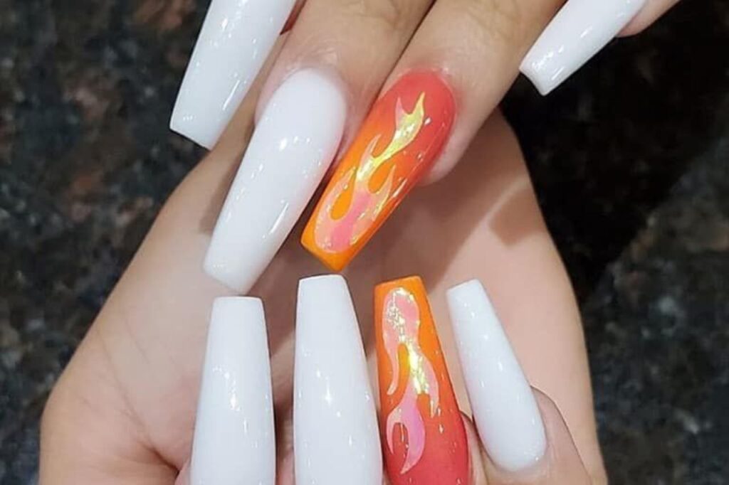 White And Orange Flames Nail Art
